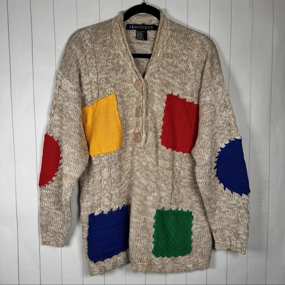 VTG Retro Chunky Knit Henley Sweater Rainbow Patchwork Artsy Hipster Academic L